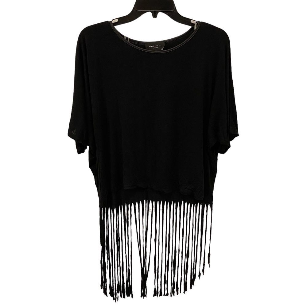 Romeo & Juliet Couture Fringe Back Top Black Rayon Spandex Knit Blouse Medium